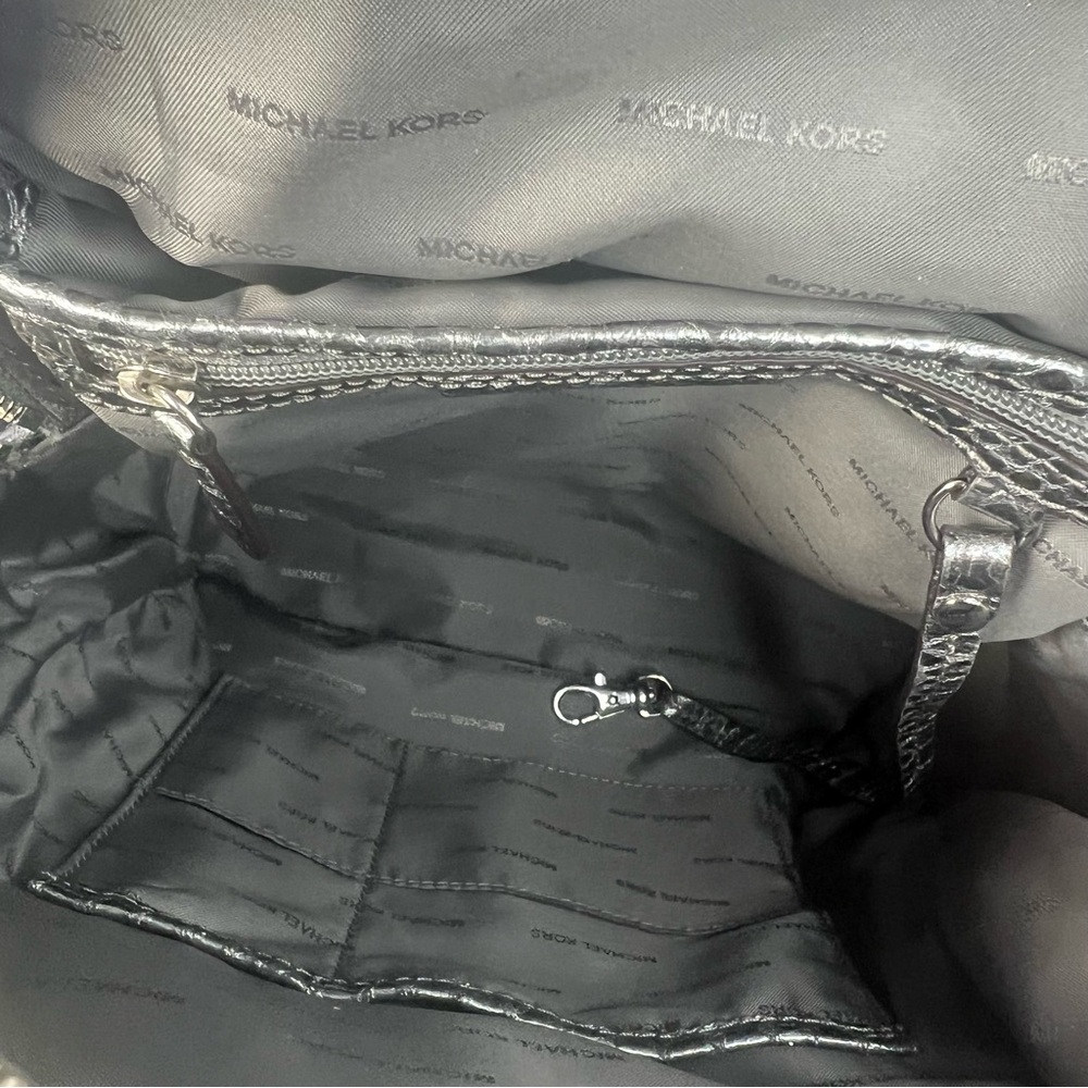 Michael Kors Rhea Silver Metallic Faux Snakeskin Python Embossed Backpack - Picture 13 of 17